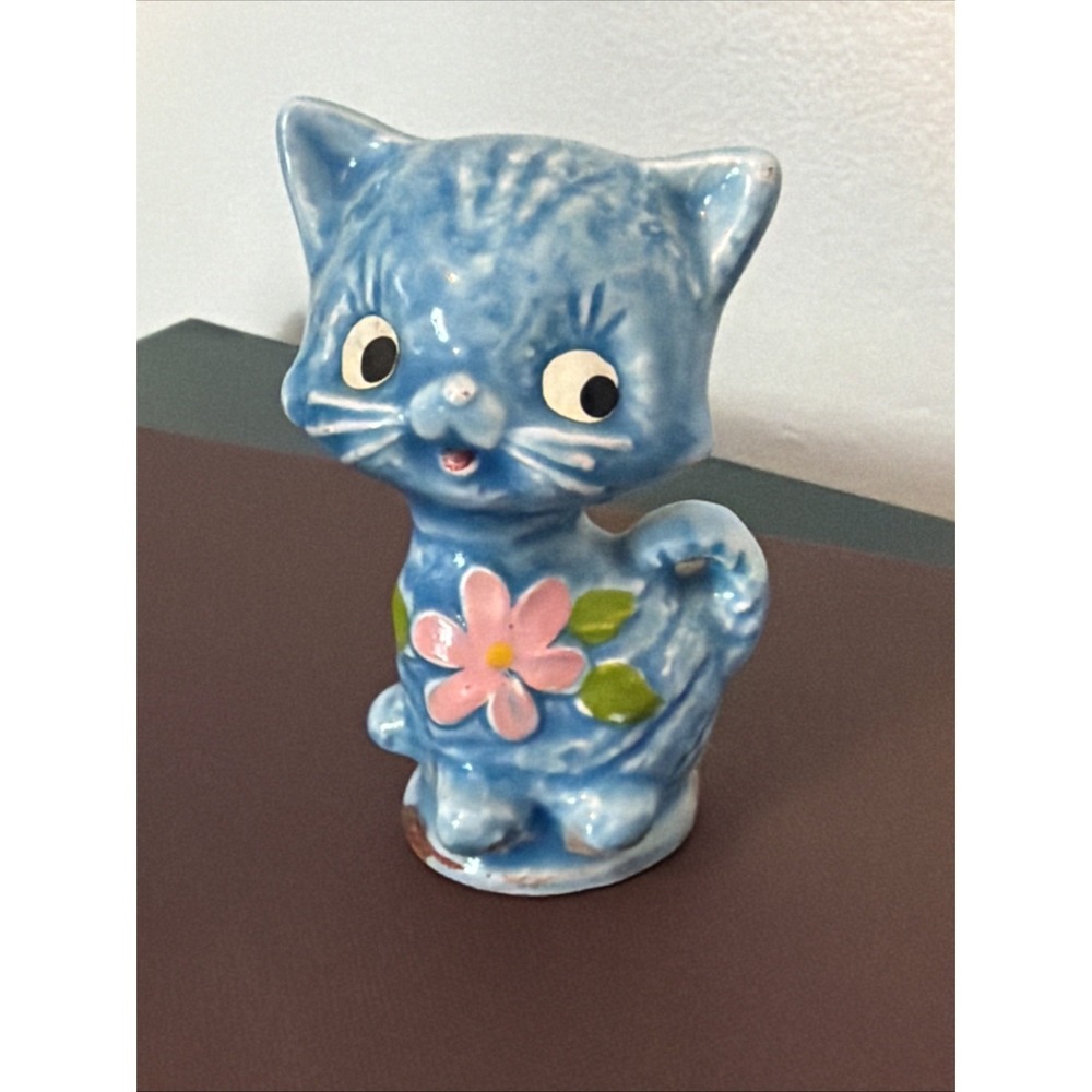 Napcoware Blue Cat Ceramic Hand Painted Figurine Vintage Pink Flower